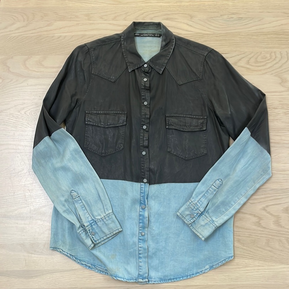 Zara black and blue denim button up shirt
